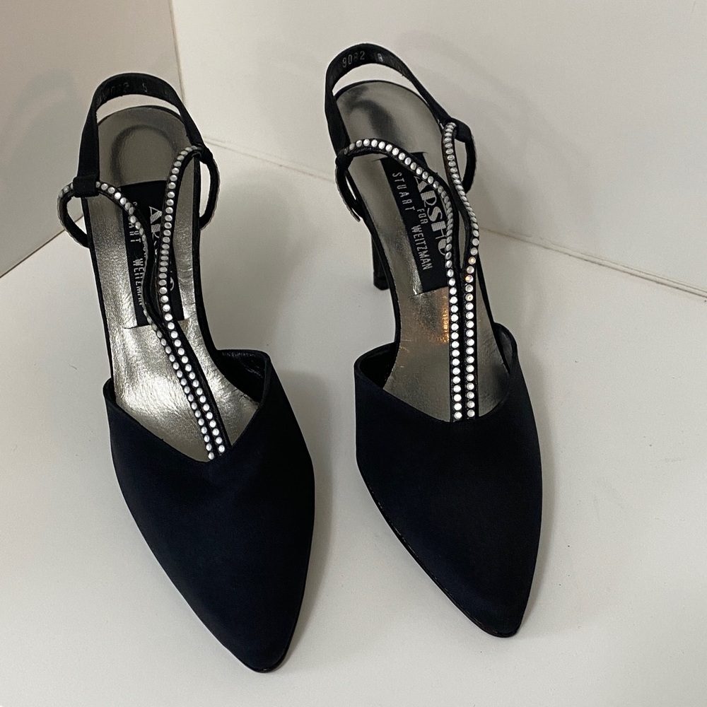 Stuart Weitzman Black Pointed Slingback Heels with Crystal T-Strap